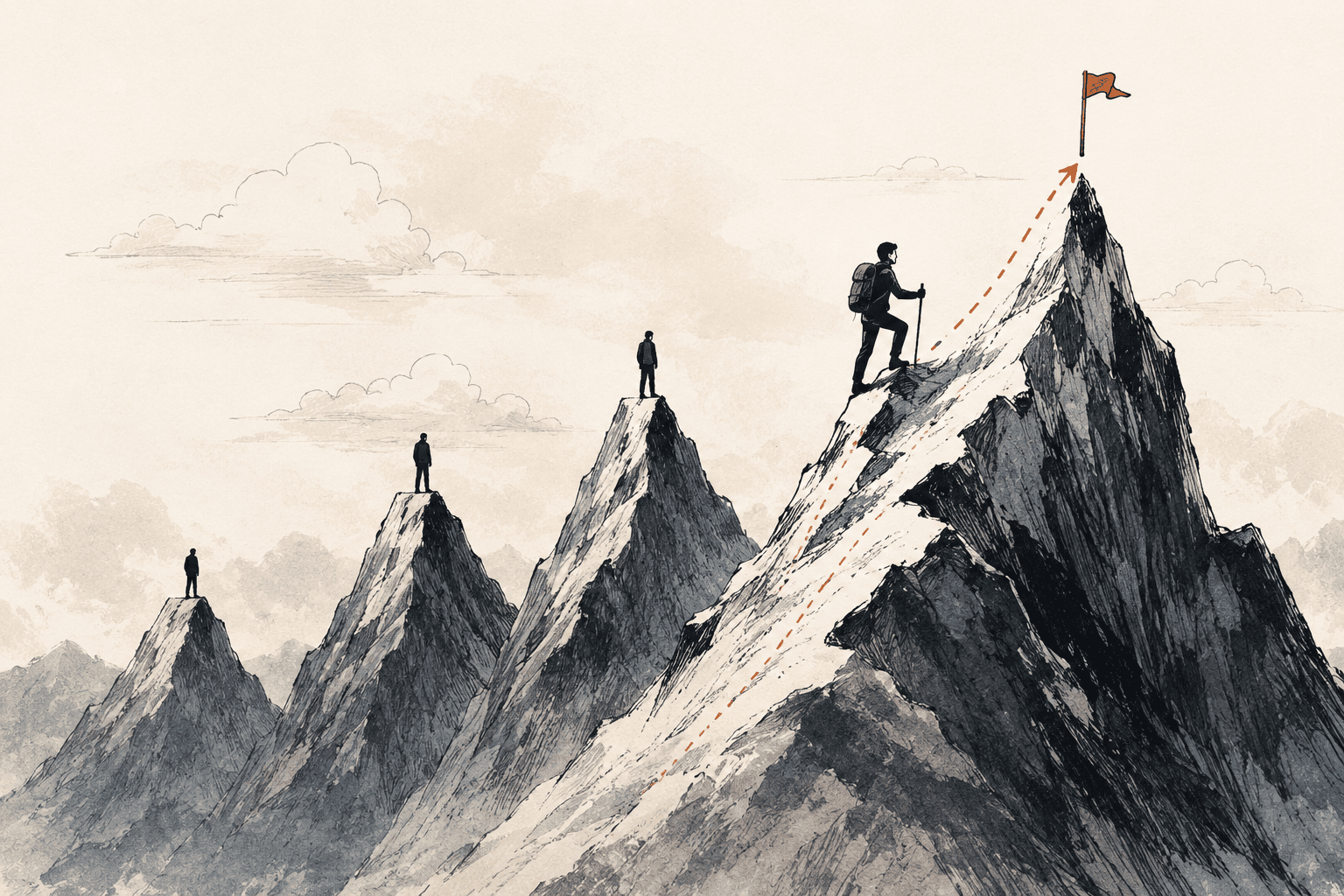 A climber continuing upward while others stop at earlier peaks